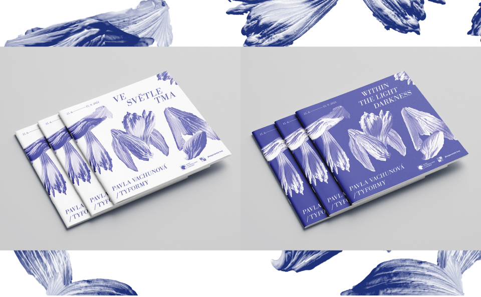 Visualisation of the cover of the brochure for the exhibition in the Czech and english language. The brochure has a square format and colour is two-tone: blue and white. A bright (positive) variant of the visual is chosen for the Czech brochure and dark (inverted) for English.