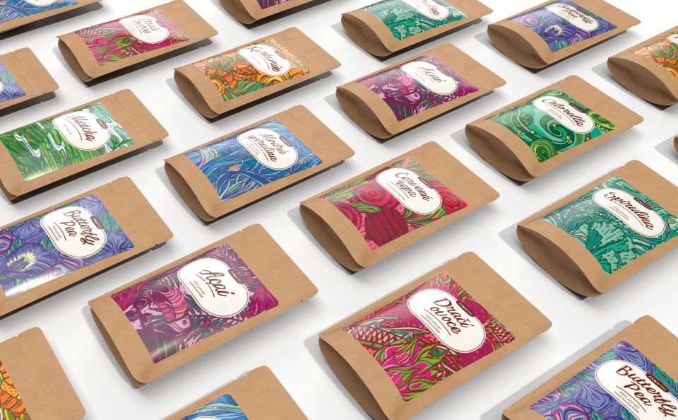 Visualisation of the packaging (doypack) for the natural food colouring like Acai fruit powder and other superfoods, coloured powders such as chlorella, dragon fruit, curcumin, butterfly pea, beetroot, matcha, blue and green spirulina.