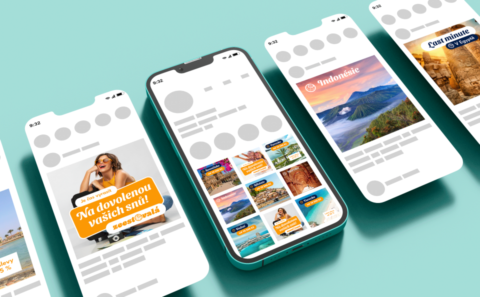 Visualization of the phone and posts for the instagram app on a turquoise background as a floating window.