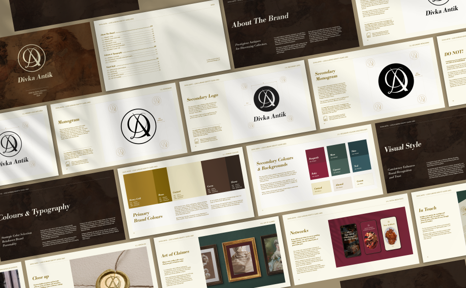 Visualization of individual pages of the graphic manual of the logo and visual identity of the Divka Antik brand. The pages are arranged one behind the other as in the manual and are visualized diagonally, on a cocoa brown background and a with soft shadow of a palm leaf in upper left, which completes the atmosphere of ancient times.