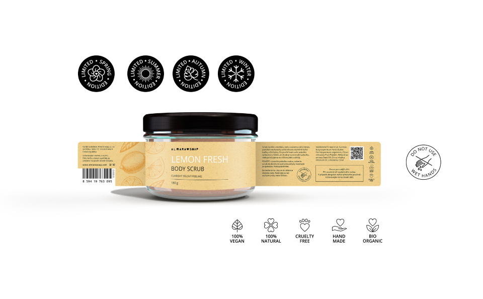 Presentation of the label layout for glass jar - how informations and other elements are placed on it. In the middle is the visualisation of the Lemon Fresh body scrub, above it, stickers for seasonal editions, icons and warnings.
