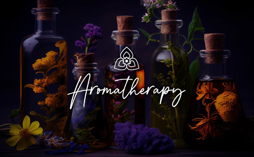 The logo and symbol for the Aromatherapy product line in white on the background is a photo of bottles with macerated medicinal herbs, the photo is toned to a dark blue color, this photo was generated by artificial intelligence.