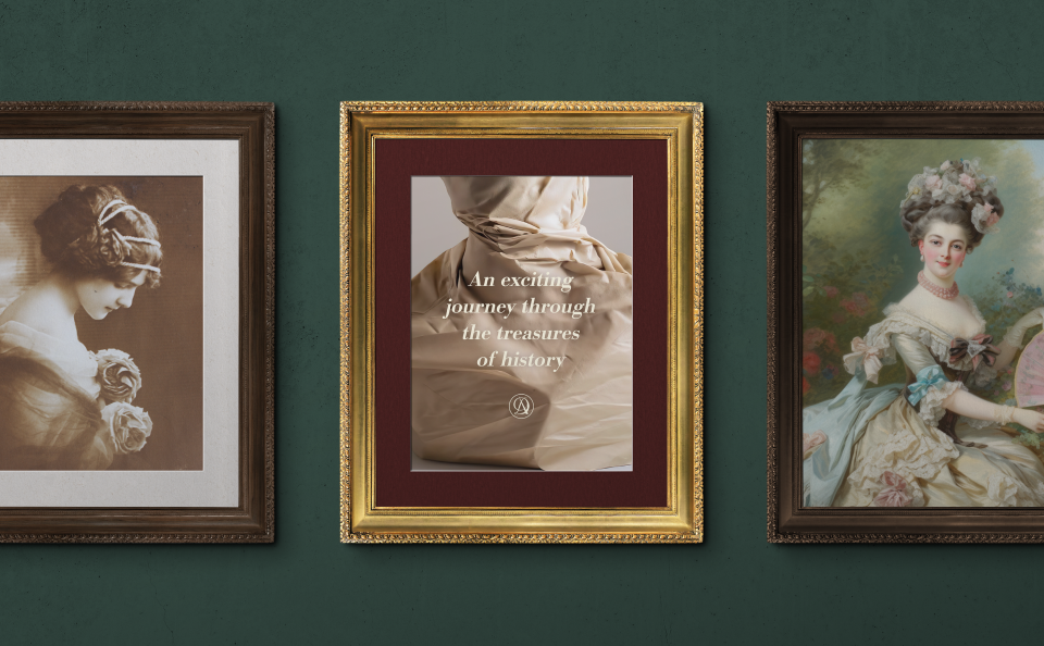 Three paintings on a green wall with vintage frames. On the left is a photograph of a woman's head from the beginning of the 20th century, and on the right is an AI-generated rococo painting of a woman on a swing, and in the middle is a claim - an inscription in the background with an object wrapped in wrapping paper.