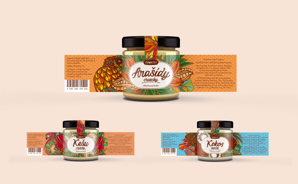 Visualisation of three nut creams of coconut, cashew nut and peanut in a glass jar with balack lid an illustrated label.