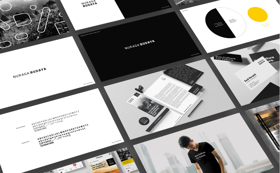 Visualization of brand guide lines and visual identity of Nuraga Budaya. The basic coulors are black, white and basic yellow. The corporate font is the Epilogue font from the ETC font foundery. The add-on is a raster created from the outlines of the symbol in the logo.