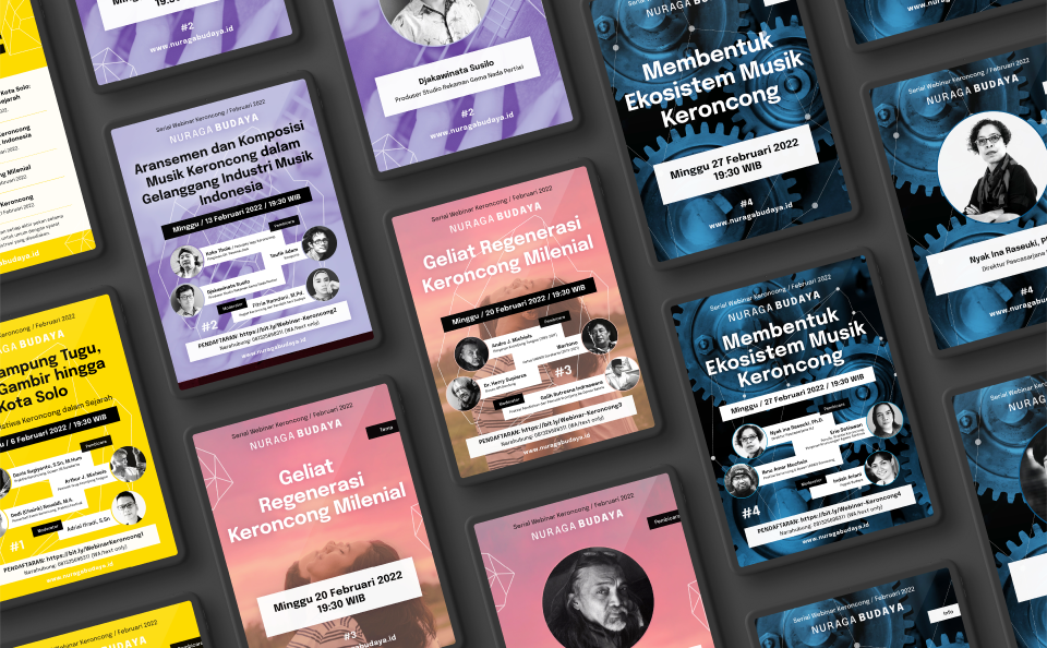Design of invitations, posters and social media posts for a Keroncong (musical genre) webinar event held in 2022. These posts are made on tablets diagonally placed on a format on a dark gray background.