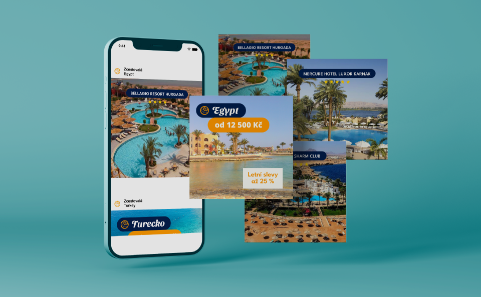 Spatial visualization of the iphone and posts with the offer of travel tours to the destination as levitating windows with turquoise background.