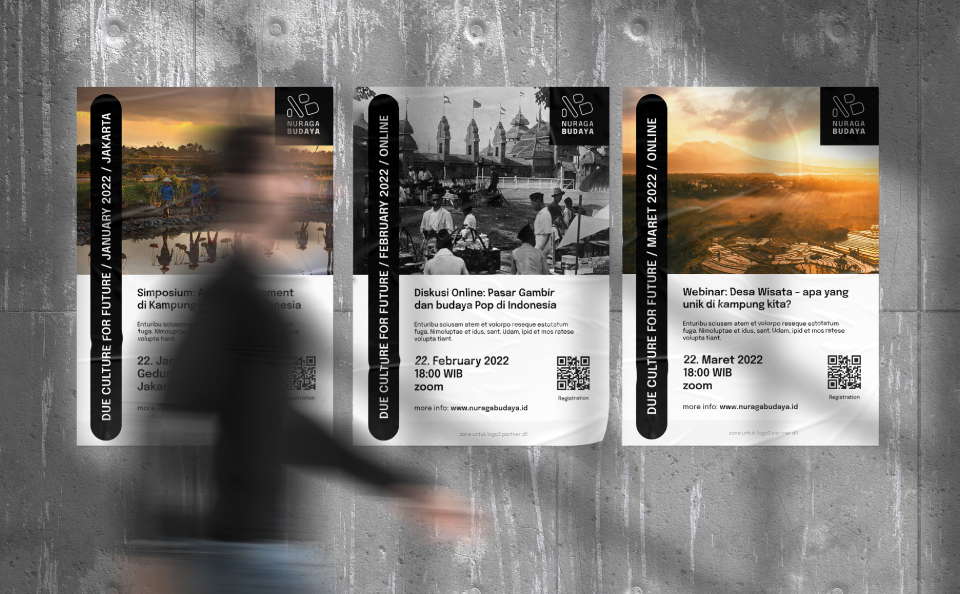 Visualization of three posters design for various events of the Nuraga Budaya, on a gray concrete wall, a blured figure of a walking man being in the foreground. Calm atmosphere.