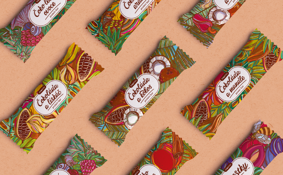 Visualisation of illustrated packages of various types of protein bars with fruits and nuts, the composition is diagonal, top view.