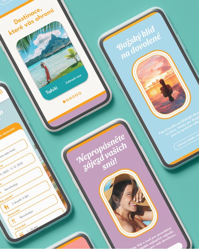 Visualization of a website on iphones placed diagonally on a turquoise background.