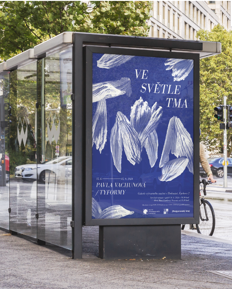 Visualization of a public transport stop with a citylight showcase in which a poster with an invitation to the exhibition is placed. The poster has a contrasting white and blue design.