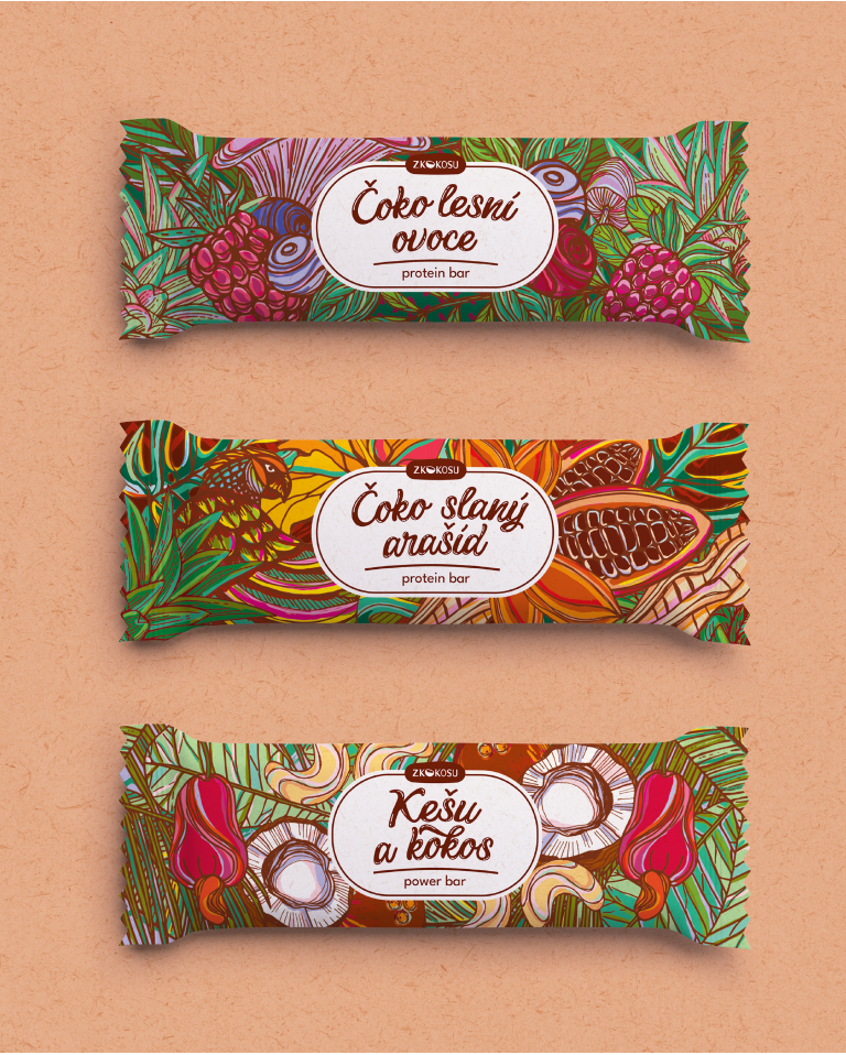 Visualisation of three illustrated packages of different types of protein bars with fruits and nuts, portrait composition, top view on beige background.