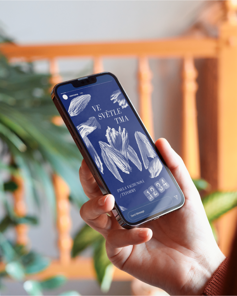 Visualization of a post for the social network instagram - note on the exhibition - on the phone held by a woman's hand, in the background there are unfocused plants