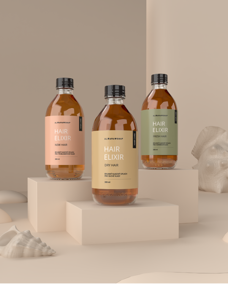 Visualisation of tree bottles of hair vinegar rinse with yellow, pink and green label. Bottles stands on a pedestal in a beige penumbra space with seashells as decoration. Relaxing mood.